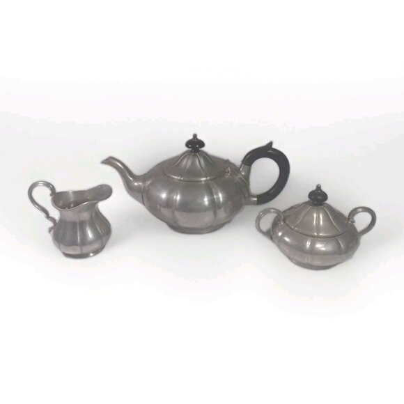 Antique Sheffield Pewter Pumpkin Melon Shape Teapot Cream Sugar Set By James Dix - Picture 6 of 15